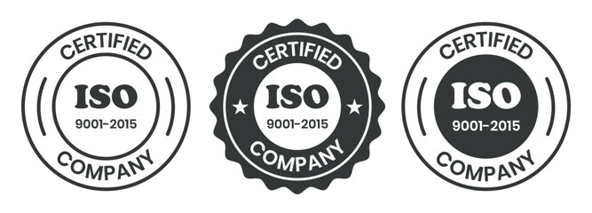 ISO 9001-2015 Certified Company Stamp. Quality Assurance and Compliance Certification Logo for Business and Manufacturing. ISO 9001-2015 Certified Company badge, flat vector, isolated illustration.