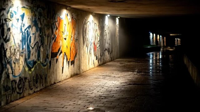 Dark underpass with graffiti-covered walls and wet pavement illuminated by lights.
