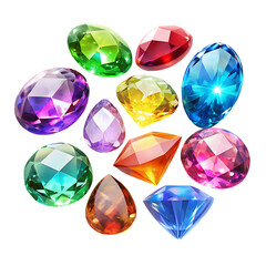Assorted colorful gemstones in various shapes and cuts arranged in a cluster isolated on a transparent background