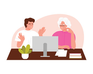 Young man helping elderly woman use computer, grandson teaching grandma vector illustration