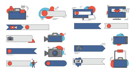 A collection of modern, pixel art inspired banners, lower thirds, and title templates for video content, featuring cameras, play buttons, and abstract shapes.