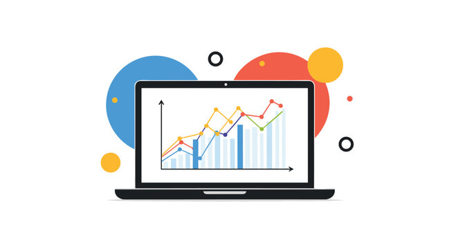 A laptop screen displaying various business charts and graphs, representing data analysis, financial reporting, and market research in a modern flat design.