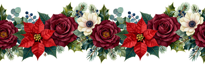 Christmas flower poinsettia with holly and pine tree branch boarder, seamless pattern for fabric design