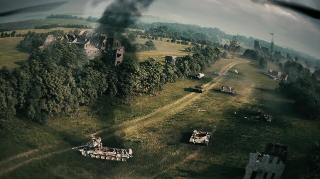 POV: drone attacks a military tank on the battlefield. Military tank being destroyed by drone. 3d render
