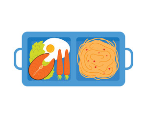Blue plastic tray with handles, pasta and salmon steak, top view of lunch food in box vector illustration
