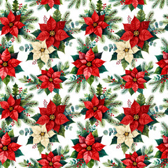 Christmas red flower poinsettia with holly and pine tree branch, seamless pattern for fabric design