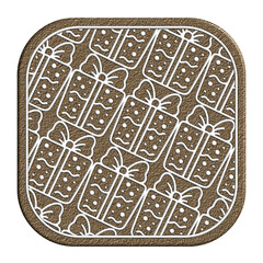 Gingerbread cookie featuring a festive white icing pattern of wrapped gift boxes with bows and polka dots, creating a sweet holiday design with a transparent background. Сoaster
