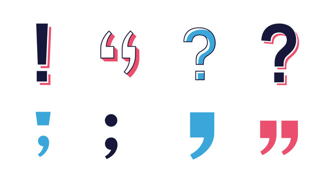 A set of colorful punctuation mark icons, including exclamation points, question marks, and quotation marks, in a modern, stylized design.