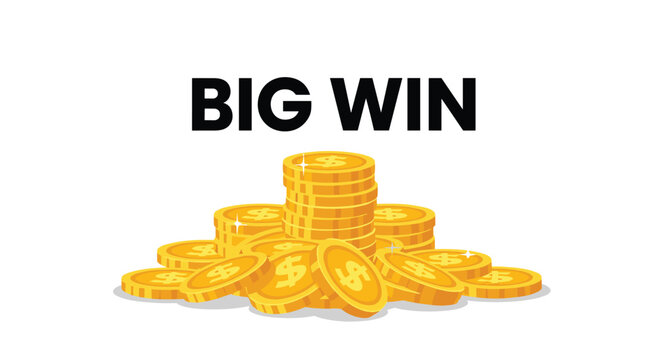 A pile of golden coins with dollar signs and the text "Big Win," illustrating success, wealth, and winning a jackpot in a casino or lottery.