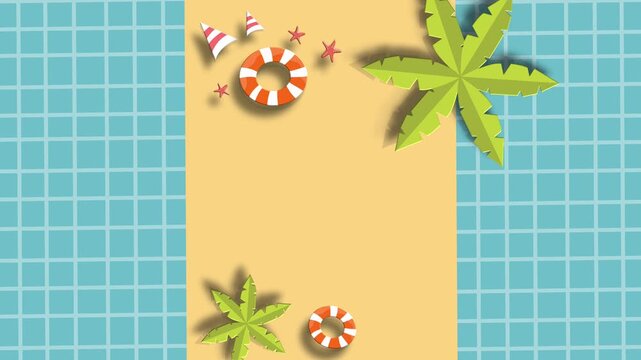 Swimming pool and sand beach background palm tree top