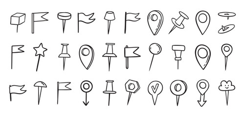 Pins hand drawn doodle set. Pin line drawing style for planner or map. Pins variable icons