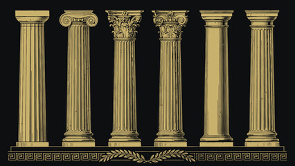 Classical Orders Column Vector &ndash; Doric, Ionic, Corinthian, Tuscan, Composite, Solomonic Styles in Gold Line Art for Architecture, History, and Design Education Projects