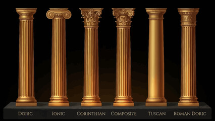 Classical Orders Column Vector &ndash; Doric, Ionic, Corinthian, Tuscan, Composite, Solomonic Styles in Gold Line Art for Architecture, History, and Design Education Projects
