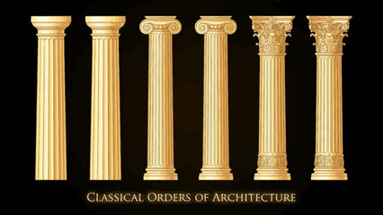Classical Orders Column Vector &ndash; Doric, Ionic, Corinthian, Tuscan, Composite, Solomonic Styles in Gold Line Art for Architecture, History, and Design Education Projects