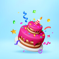 Birthday cake with candle and colorful confetti flying around. Holiday celebration, party concept. Cute 3d vector illustration for greeting card, banner, poster.