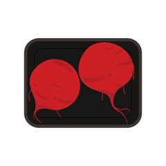 Two beet tubers in rectangular black plastic tray, top view of styrofoam box vector illustration