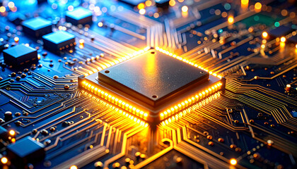 Tech Marvel: Captivating close-up of a high-tech central processing unit, showcasing intricate circuitry, golden light, and advanced technology.
