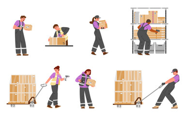 Diverse warehouse workers at work flat vector illustrations set isolated on white. Movers, laborers with different equipment handling boxes, scanning, carrying, packing.