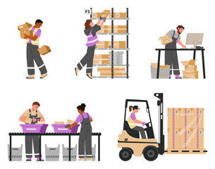Diverse warehouse workers at work flat vector illustrations set isolated on white. Movers, forklift operator, laborers with different equipment handling boxes.