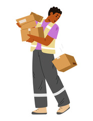 African American warehouse worker in uniform carrying boxes and drops one box flat vector illustration isolated on white.