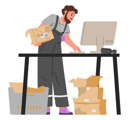 Man warehouse worker writes off defective products flat vector illustration isolated on white. Man holding damaged box.