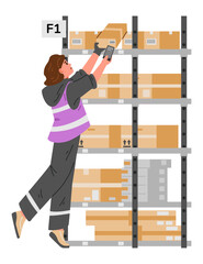 Woman warehouse worker in uniform scanning a box with barcode scanner flat vector illustration isolated on white. Inventory manager taking a box from the upper shelf.