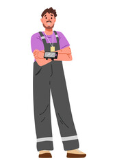 Man warehouse worker in uniform standing with arms crossed with laser scanner on his arm flat vector illustration isolated on white.