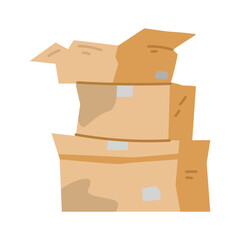 Pile of damaged cardboard boxes flat vector illustration isolated on white.