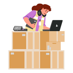 Woman warehouse worker flat vector illustration isolated on white. Woman manager working on a laptop on a pile of boxes.