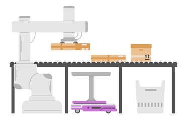 Automated conveyor belt with robots handling cardboard boxes at warehouse flat vector illustration isolated on white. Smart warehouse logistics equipment.