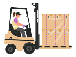 Woman warehouse worker forklift operator handling boxes flat vector illustration isolated on white.