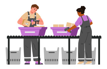 Warehouse workers working on a conveyor belt scanning boxes with laser readers flat vector illustration isolated on white.