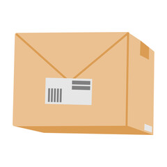 Cardboard box with stickers flat vector illustration isolated on white.