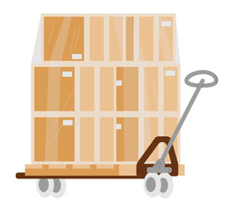 Forklift with pile of cardboard boxes wrapped in foil flat vector illustration isolated on white. Pallet truck. Warehouse equipment.