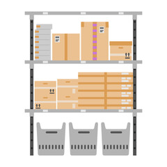 Metal racks with boxes , parcels and containers at warehouse flat vector illustration isolated on white.