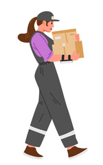 Woman warehouse worker in uniform carrying boxes with hand barcode laser scanner on her hand flat vector illustration isolated on white.