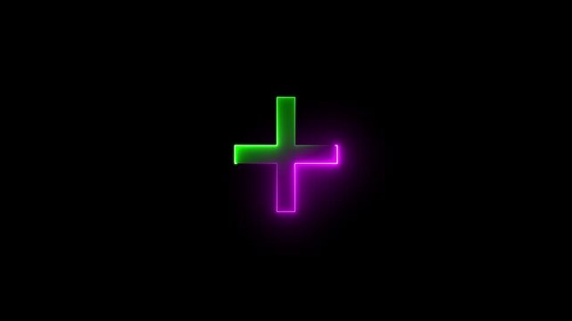 Neon line plus symbol icon simple positive plus icon animation on black background. Glowing Line Cross Icon for Medical and Positive Tech Concepts. 4k video.