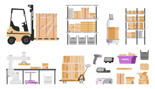 Modern warehouse equipment and robots flat vector illustrations set isolated on white. Forklift, racks with boxes and parcels, laser scanners, robots, conveyor belt, damaged boxes, containers.