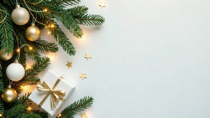White Christmas background with fir branches and green, silver gold decorations, copy space in the middle. Mockup design of New Year card. Top view of garland lights, gift boxes and balls. Text place.