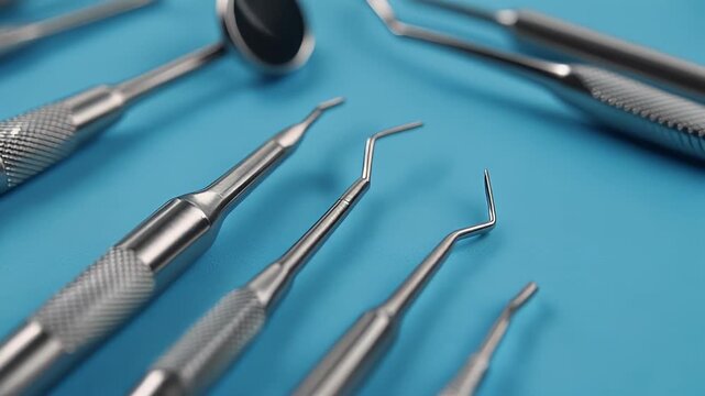 dentist mirror, forceps curved, explorer curved, dental explorer angular and explorer curved with chip, right. Dental Hygiene and Health conceptual image
