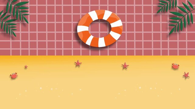 Beach sand background with pool border tropical leaves frame