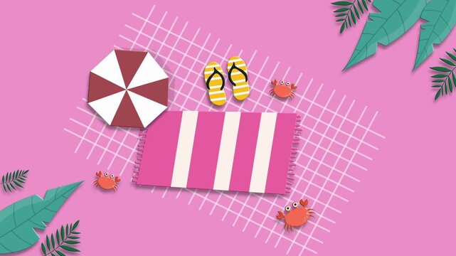 Pink beach background with towel umbrella flip flops