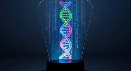 Illuminated dna helix with digital background and light streaks