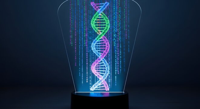 Illuminated dna helix with digital background and light streaks - Powered by Adobe