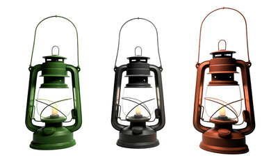 Vintage lanterns in assorted colors for lighting or antique decor isolated on transparent background