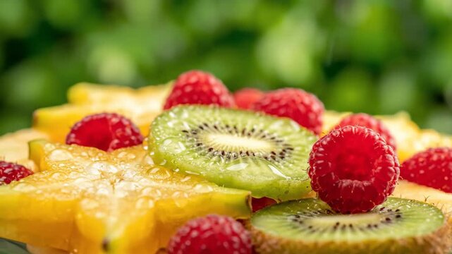Fresh fruits on a plate, raspberry, kiwi, star fruit, tropical fruit
