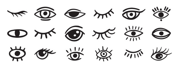 Obraz premium eyes and lashes doodle hand drawn icon set. Outline drawing line clipart symbol collection