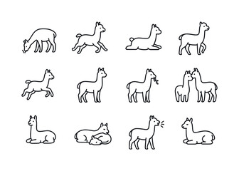 Naklejka premium Alpaca Activity Icons. Alpaca activities. Line icon set of Alpac