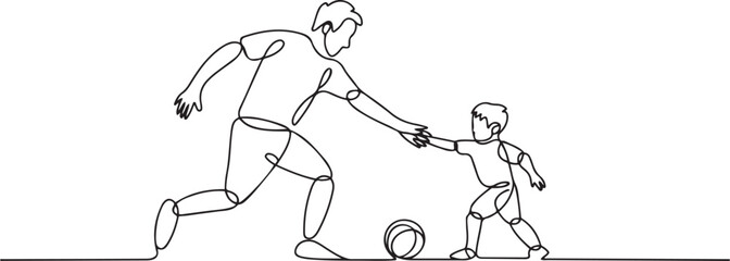 Single one line drawing son playing football with his father. Family time concept.one line vector illustration with out background.
