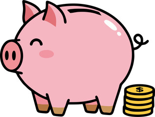 Cute pink piggy bank illustration with stack of gold coins, simple flat savings icon